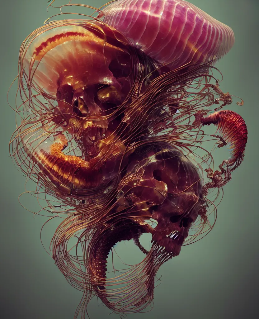 Image similar to goddess close-up portrait animal skull. jellyfish phoenix head, nautilus, orchid, skull, betta fish, bioluminiscent creatures, intricate artwork by Tooth Wu and wlop and beeple. octane render, trending on artstation, greg rutkowski very coherent symmetrical artwork. cinematic, hyper realism, high detail, octane render, 8k