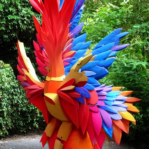 Image similar to abstract, sculpture moltres made of various materials from rainforest of face of artificial intellicgence