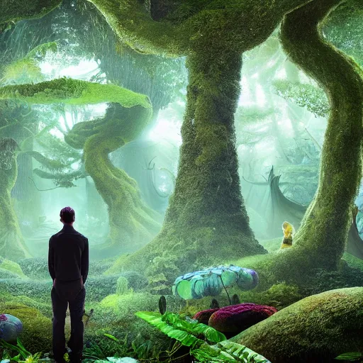 Prompt: extra wide view. person made of mushrooms standing in a marvelous magic forest jungle inhabited with fantastic creatures. iridescent. annihilation. hyper - detailed. hyperreal. unreal render.