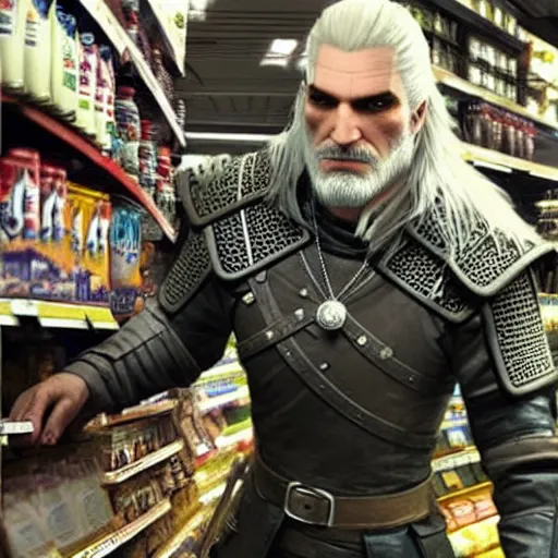 Image similar to geralt the witcher, in supermarket, hyper realistic