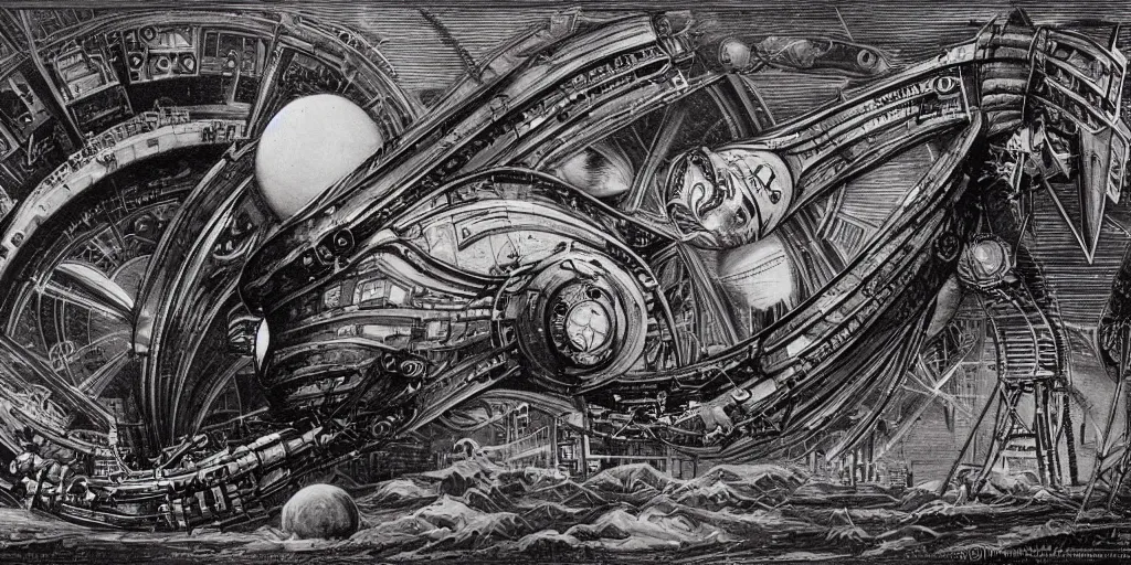 Image similar to atompunk space ship sailing the infinite cosmos, grand scale, raygun gothic style, astrophysics, mathematical drawing, painting by h. r. giger