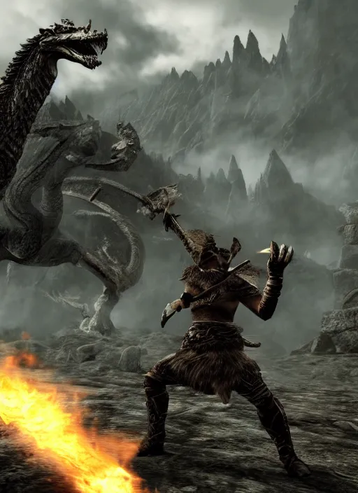 Image similar to the elder scrolls skyrim, hyperrealistic photograph, dovahkiin fighting a dragon, magic spells. 8k