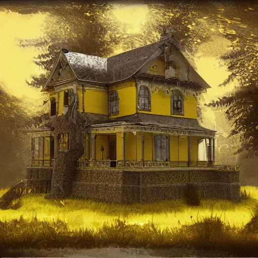 Prompt: a large yellow victorian house in the woods, detailed, blocking out the sun, moody, artstation