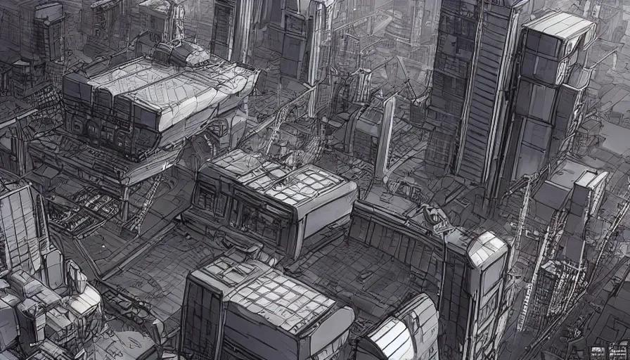 Prompt: Concept Art Illustration of neo-Tokyo Bank Headquarters, in the Style of Akira, Syndicate Corporation, Anime, Dystopian, Highly Detailed, Helipad, Special Forces Security, Blockchain Vault, Searchlights, Shipping Docks, For multiplayer Stealth fps bank robbery simulator, Inspired by MGS2 + Ghost in the shell SAC + Cowboy Bebop :4 by Katsuhiro Otomo : 8