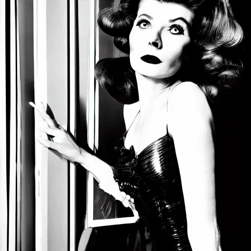 Image similar to a fashion hotel room photo portrait of a young Katherine Hepburn, full makup, smokey eye, medium shot. In the style of Helmut newton, robert maplethorpe, Stefano Brunesci, Lachlan Bailey, Herb Ritts, Ellen Von Unwerth, Haris Nukem.