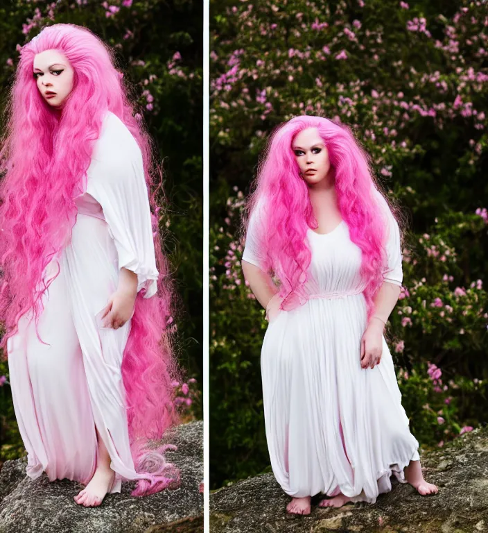 Image similar to a photograph of rose quartz from steven universe, portrait photography, 8 5 mm, iso 4 0 0, focus mode, detailed portrait, gigantic tight pink ringlets, huge pink hair, plus size, extremely beautiful and ethereal, white dress, gorgeous, kind features, beautiful woman, flattering photo, daylight