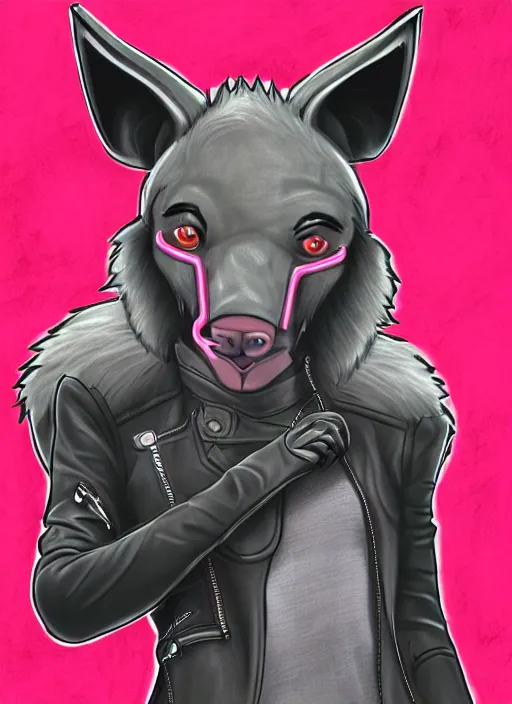 Prompt: digital drawing of anthromorphic hyena female drawn in cell shaded, fursona, furry fandom, neon rainy cyberpunk setting, anthro, wearing leather jacket, detailed face,