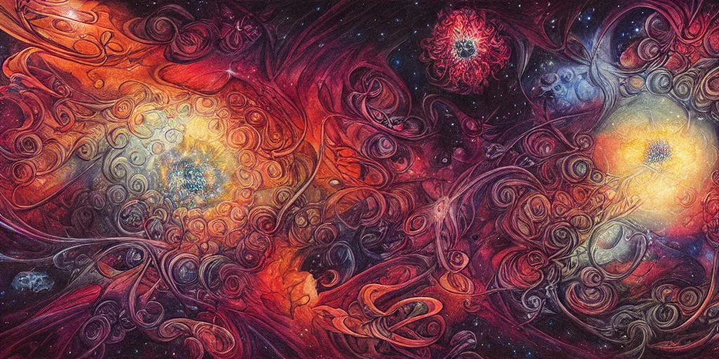 Prompt: flower pattern in deep space by dan seagrave art and moebius