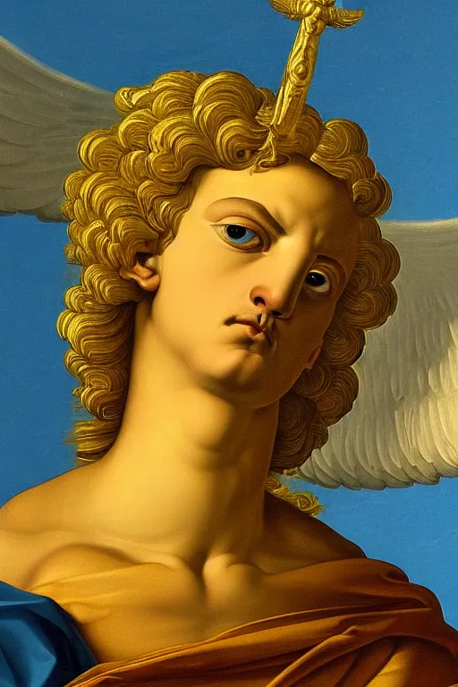 Image similar to archangel Michael, angry face, closeup, ultra detailed, made in gold, Guido Reni style