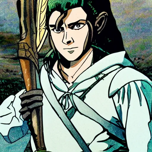 Image similar to Portait of Legolas in an 80s anime version of Lord of the Rings, holding a longbow, very detailed, ultra realistic, handpainted, Satoshi Kon, Hiyao Miyazaki, Katsuhiro Otomo