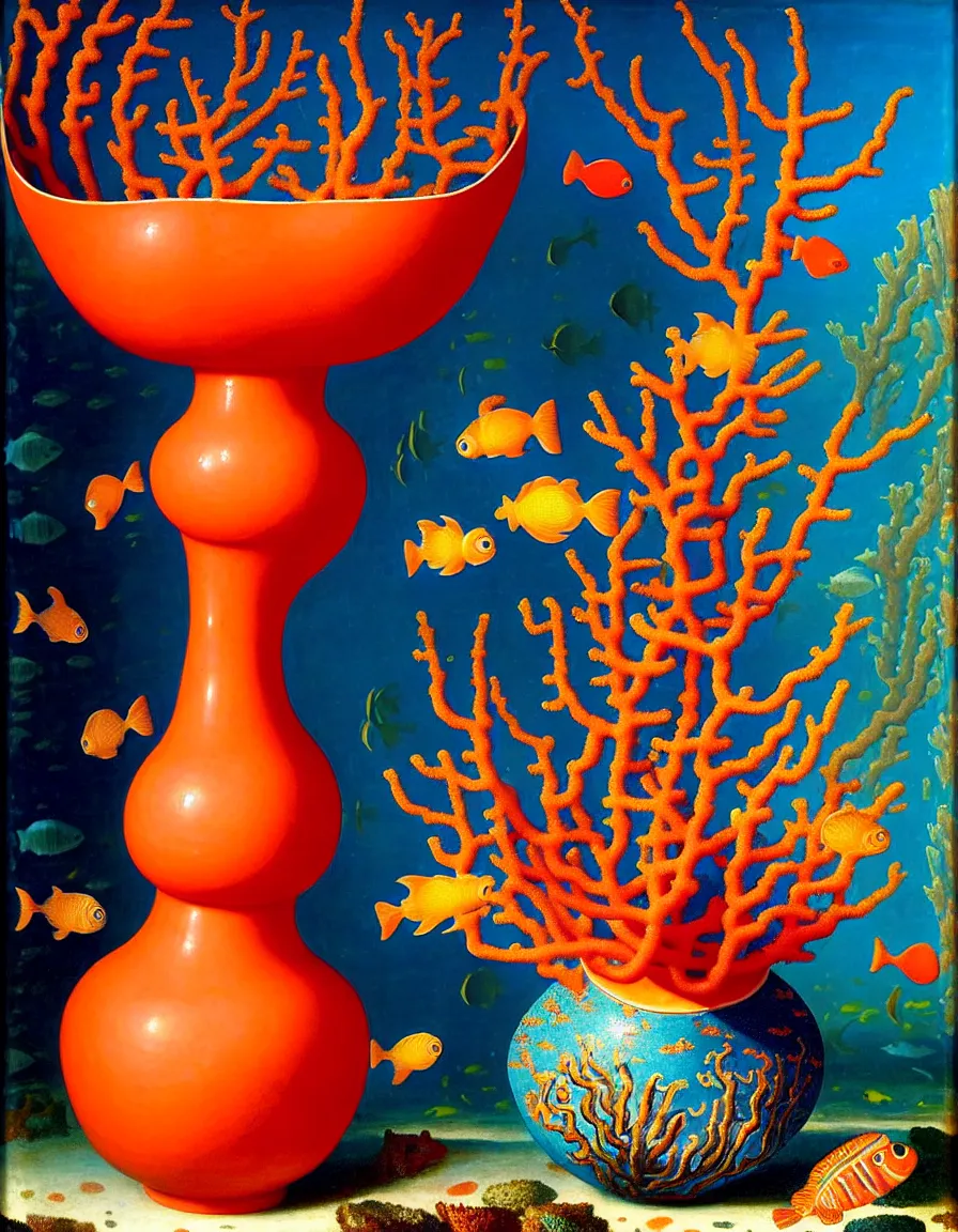 Image similar to bottle vase of coral under the sea and in the sky decorated with a dense field of stylized scrolls that have opaque outlines enclosing mottled blue washes, with orange shells and purple fishes, ambrosius benson, oil on canvas, hyperrealism, around the edges there are no objects