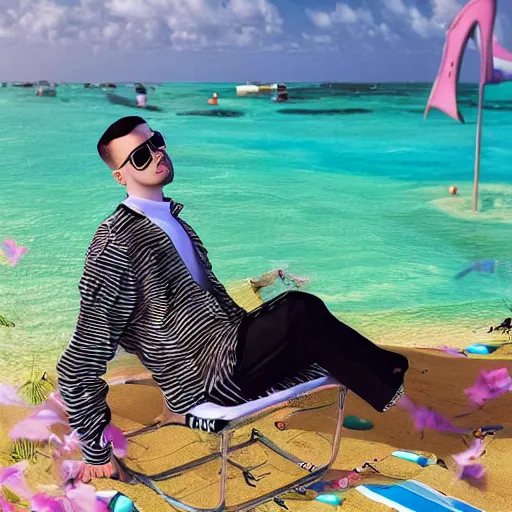 Image similar to music artist bad bunny relaxing in aruba, hyper realistic, highly detailed, award winning photo