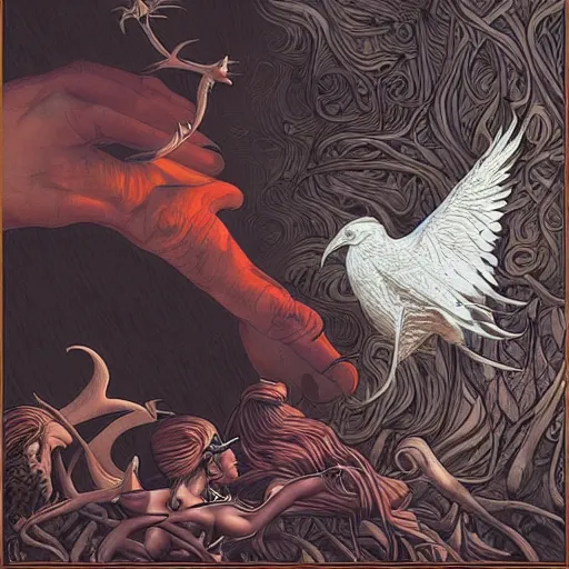 Image similar to white crow bringing rabbit leg to a occult witch by Android Jones and M. C. Escher collaboration, futurist, digital art, dramatic lighting