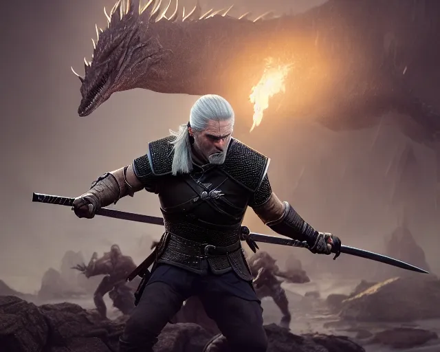Image similar to 5 5 mm portrait photo of geralt fighting off a hydra. magical atmosphere. art by greg rutkowski. highly detailed 8 k. intricate. lifelike. soft light. nikon d 8 5 0.
