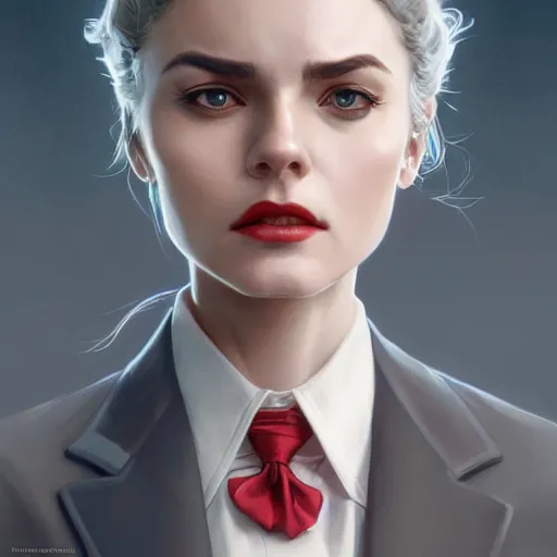 Image similar to a girl wearing a business suit, grey hair, red necktie, cinematic, stunning, highly detailed, digital painting, artstation, smooth, hard focus, illustration, art by artgerm and greg rutkowski and alphonse mucha