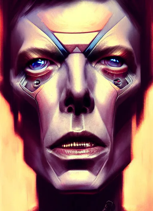 Prompt: portrait of a david bowie cyborg, victorian, concept art, detailed face, fantasy, close up face, highly detailed, cinematic lighting, digital art painting by greg rutkowski