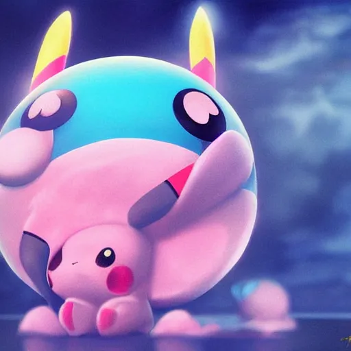 Image similar to pikachu taking a bite out of jigglypuff, national geographic photo, photo realistic, hyperrealistic, digital art