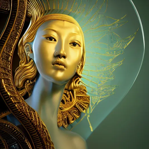 Prompt: romantistic portrait, painting, teal chinese abstract statue shattered standing in god rays, beautiful female body and golden glue dripping acrylic portrait, mechanical superstructure, sacred geometry, supermodel body, beautiful light, statue of carving marble, intricate 8 k render, dark mood, cinematic light, golden spirals, clockwork