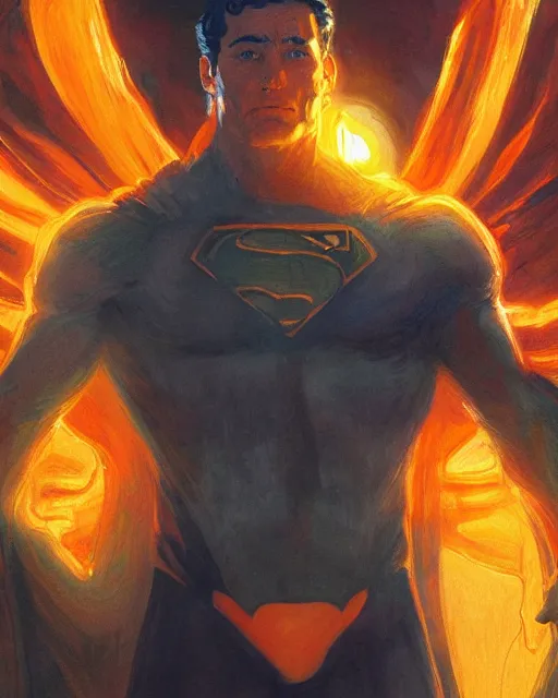 Prompt: superman emerging from the sun, highly detailed face, deep focus, elegant, orange yellow ethereal, horror, fantasy art by greg rutkowski and magali villeneuve and claude monet