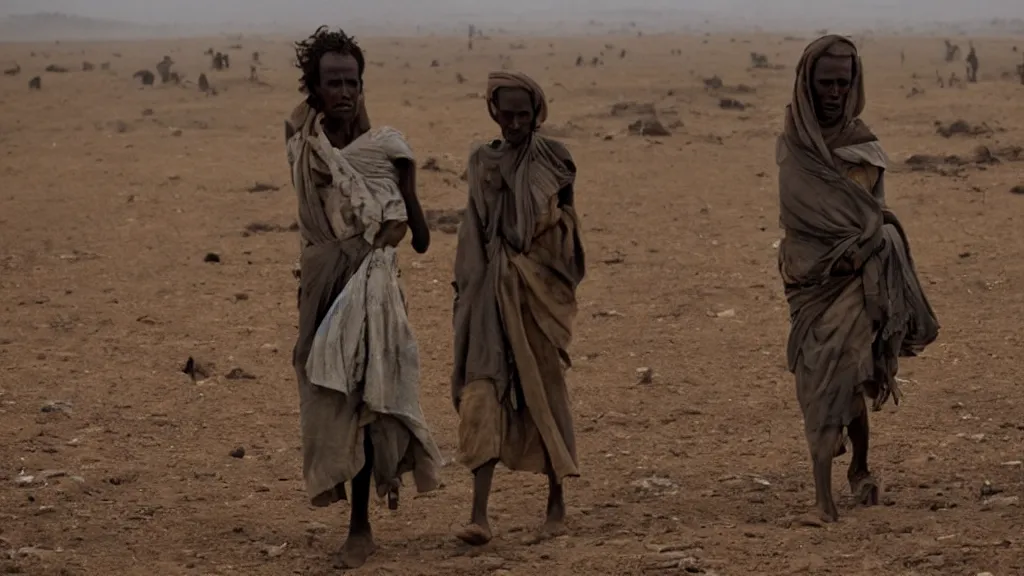 Prompt: 1984 Ethiopian famine and drought as seen in Western TV, moody, dark, movie scene, depth of field, hd, 4k