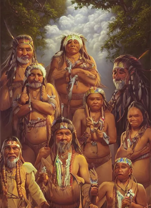 Image similar to faces of indigenous amazonian grandfathers and grandmothers spirits in the clouds, smiling, protection, benevolence, ancestors, detailed faces, art by christophe vacher