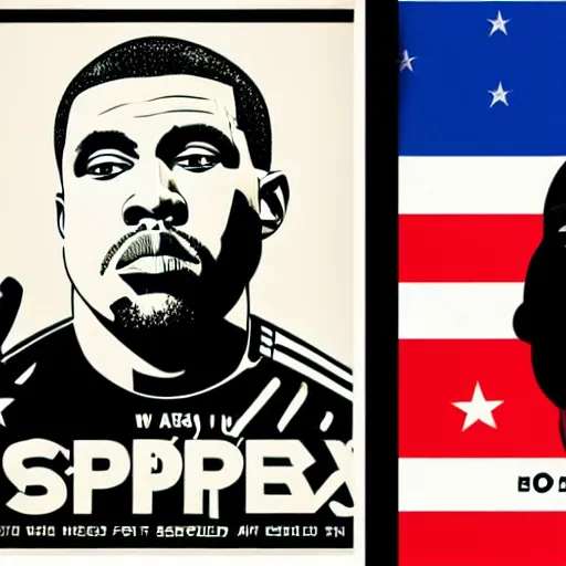 Image similar to Russian Propaganda Soviet screen-print shepard fairey illustrated poster of Kanye West as President standing in front of a USA America flag