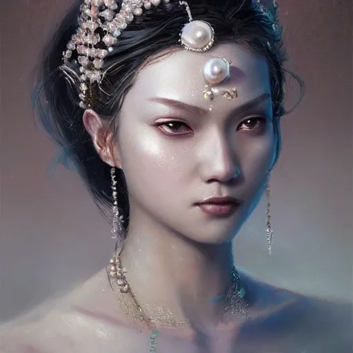 Image similar to a beautiful portrait of a pearl goddess with glittering skin, a detailed painting by greg rutkowski and raymond swanland, featured on cgsociety, fantasy art, detailed painting, artstation hd, photorealistic