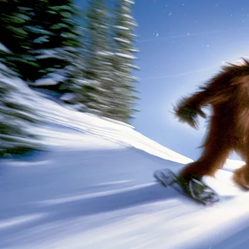 Prompt: Action photograph of Bigfoot skiing in rad 1990s gear, motion blur, Flash photography