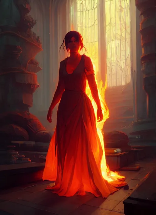 Image similar to highly detailed portrait of fire gown in gta v, stephen bliss, unreal engine, fantasy art by greg rutkowski, loish, rhads, ferdinand knab, makoto shinkai and lois van baarle, ilya kuvshinov, rossdraws, tom bagshaw, global illumination, radiant light, detailed and intricate environment