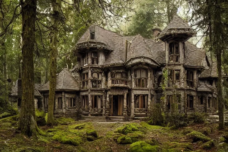 Prompt: photograph of a fantasy style woodland mansion in an ancient forest