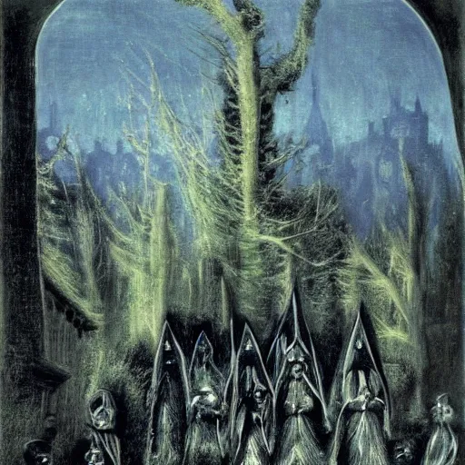 Prompt: A Holy Week procession of grim reapers in a lush Spanish landscape at night. A hooded figure at the front holds a cross. El Greco, Remedios Varo, Salvador Dali, Carl Gustav Carus, John Atkinson Grimshaw. Blue tint.