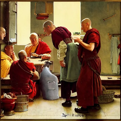 Image similar to A kitchen wench serving beers to a group of monks, artist Norman Rockwell,