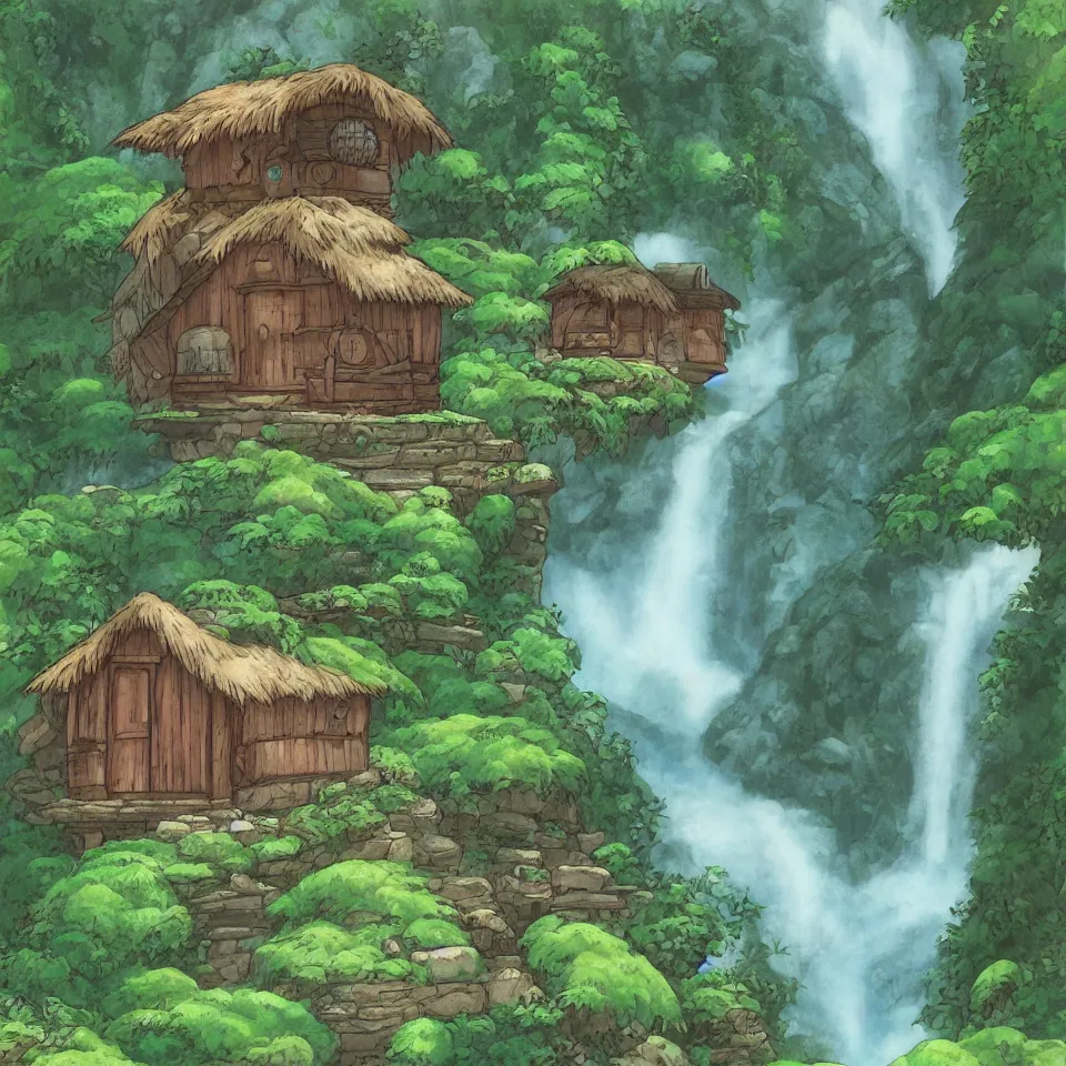 Image similar to a cozy hut near a huge waterfall, fantasy, forest, manga studio ghibli, highly detailed