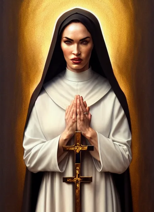 Image similar to portrait of megan fox as a nun praying, catholic, church, bible, christian, intricate, headshot, highly detailed, digital painting, artstation, concept art, sharp focus, cinematic lighting, illustration, art by artgerm and greg rutkowski, alphonse mucha, cgsociety