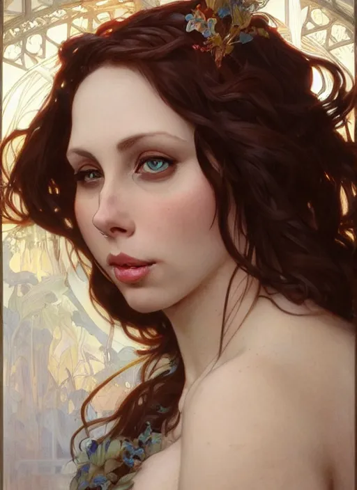 Image similar to beautiful portrait of gianna michaels, by magali villeneuve and greg rutkowski and artgerm and alphonse mucha, intricate, elegant, highly detailed, photorealistic, trending on artstation, trending on cgsociety, 8 k, sharp focus