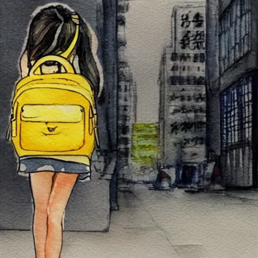 Image similar to cute Chinese young woman with headphones and a yellow backpack in New York, she has a cat, highly detailed watercolor painting