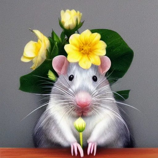 Image similar to photo realistic white rat holding a flower cinematic composition, hyper realism, cute