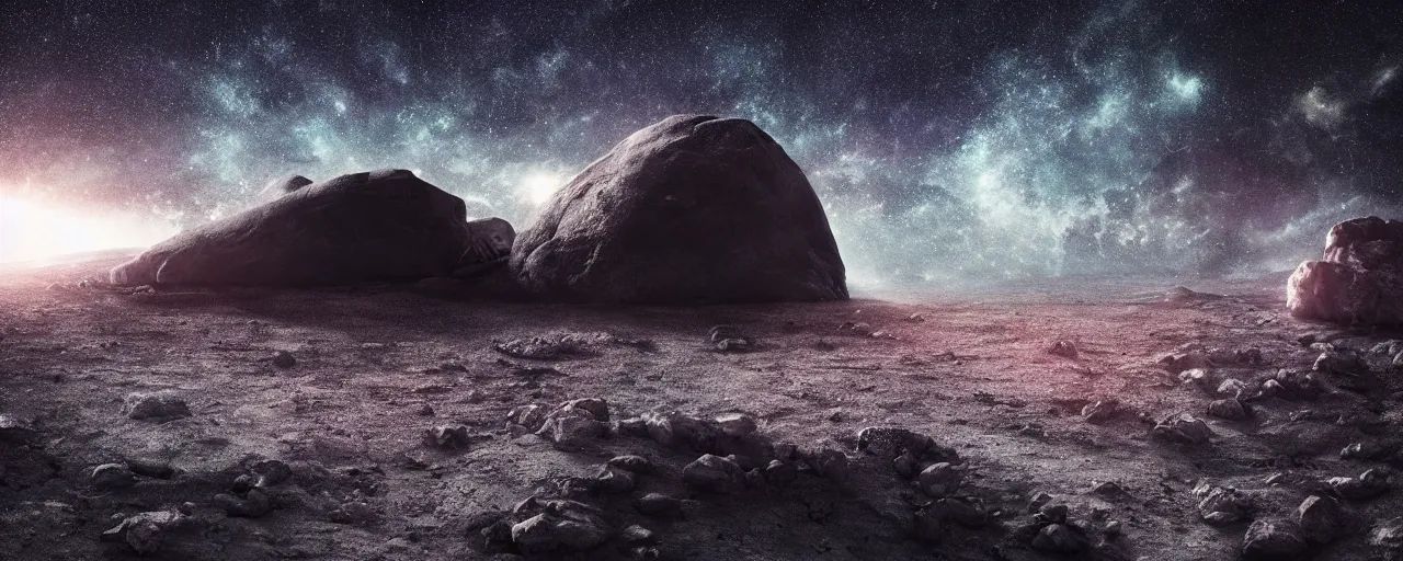 Image similar to ” giant rock in a deep black space with stars, [ cinematic, detailed, epic, widescreen, opening, establishing, mattepainting, photorealistic, realistic textures, octane render ] ”