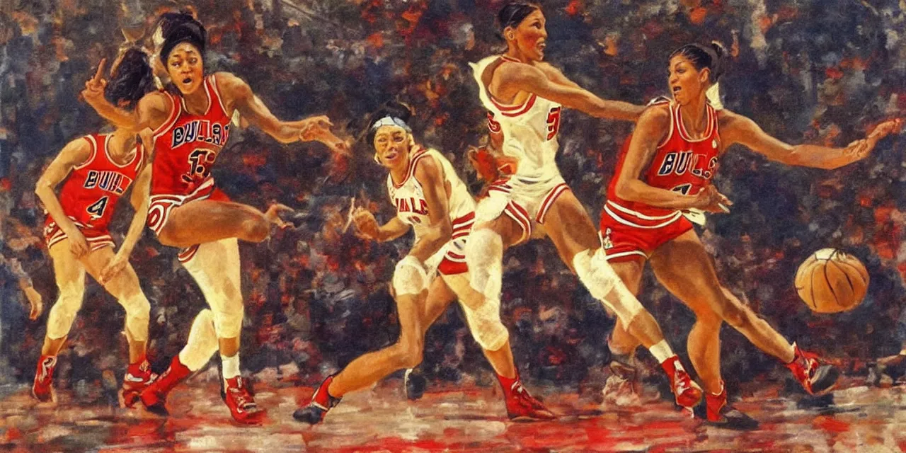 Image similar to candace parker playing basketball in a chicago bulls jersey art by frank frazetta, wide angle view,