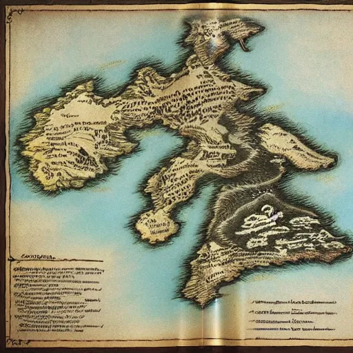 Image similar to fantasy map of an ancient land of Odrua in the Fantasy world of Lute, showing continents archipelagos cities mountains deserts rivers coastlines kingdoms by JRR Tolkien by Brian Froud and Yoshida Hiroshi