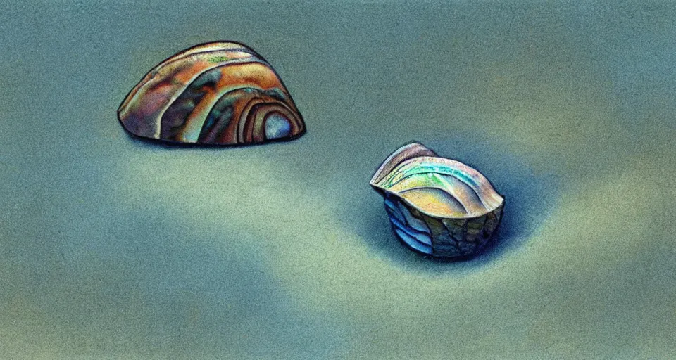 Prompt: painting of a tiny abalone seashell house in the ocean, by roger dean, john harris, cell shaded graphics, concept art, minimalist