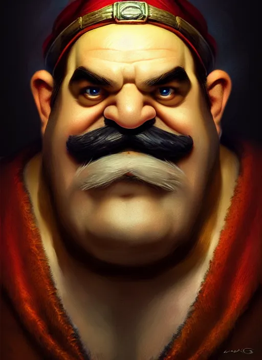 Image similar to portrait of wario from the legend of zelda, intricate, elegant, glowing lights, highly detailed, digital painting, artstation, concept art, sharp focus, illustration, art by wlop, mars ravelo and greg rutkowski