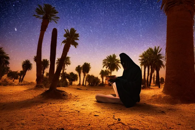 Image similar to a hooded Druid sitting under a palm tree in the Egyptian desert reading ancient scrolls in the light from a small fire at night, brown cloak, desert, starry sky, an ancient city far in the distance, strong dramatic cinematic lighting, lost civilizations, smooth, sharp focus, extremely detailed