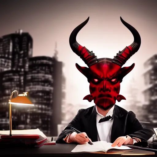 Image similar to dark lord sitting at desk large horns and suit, medium shot, portrait, semi realistic anime, red demon cyberpunk symbols