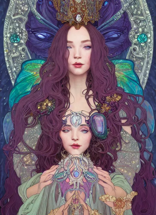 Image similar to portrait of jeanpierrepernauttv, cloak, royally decorated crystal gemstones, symmetrical face, art nouveau, portrait, cute, fairy, by mai yoneyama, kelly mckernan, greg rutkowski, alphonse mucha, detailed background, artstation, intricate, elegant, highly detailed, colorful, maximalist