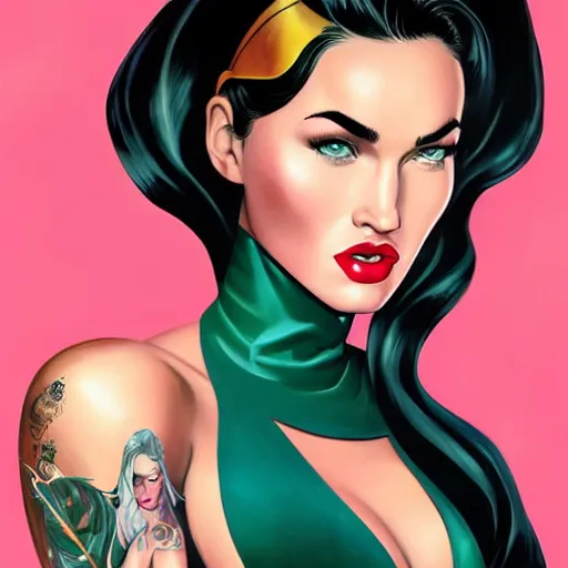 Prompt: a pinup illustration of megan fox in the style of anna dittmann and in the style of alex ross.