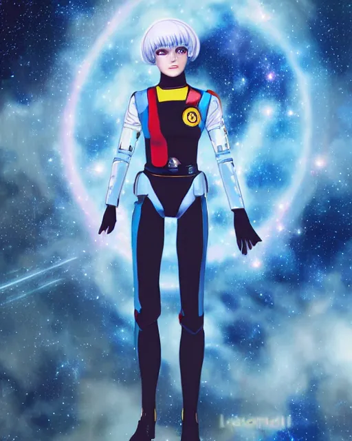 Image similar to Portrait of Rei Ayanami, as a Starfleet officer, Starfleet uniform, stars, nebula, sparkling, bokeh, 50mm, highly detailed by Paul Lehr