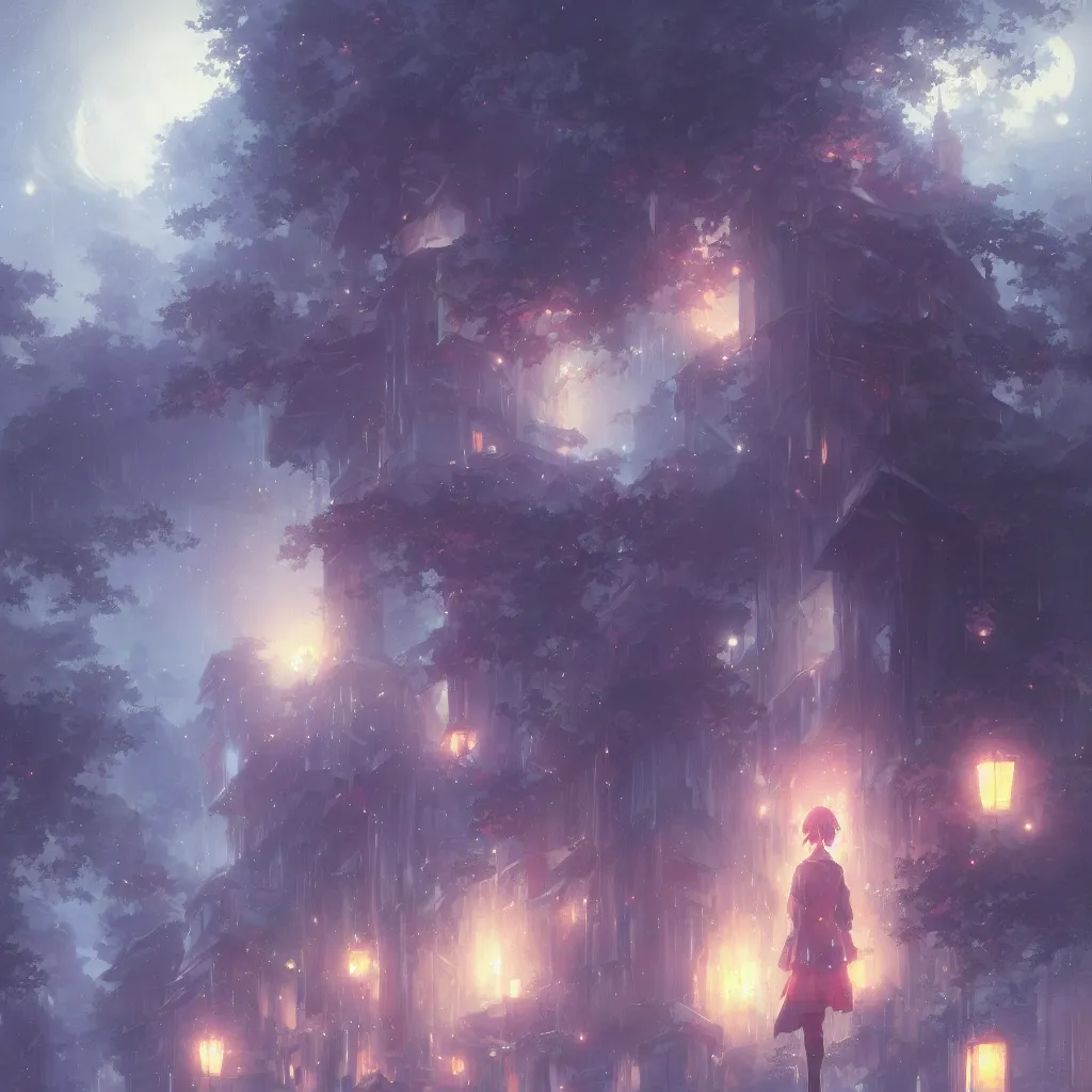 Image similar to anime kyoto animation key by greg rutkowski night