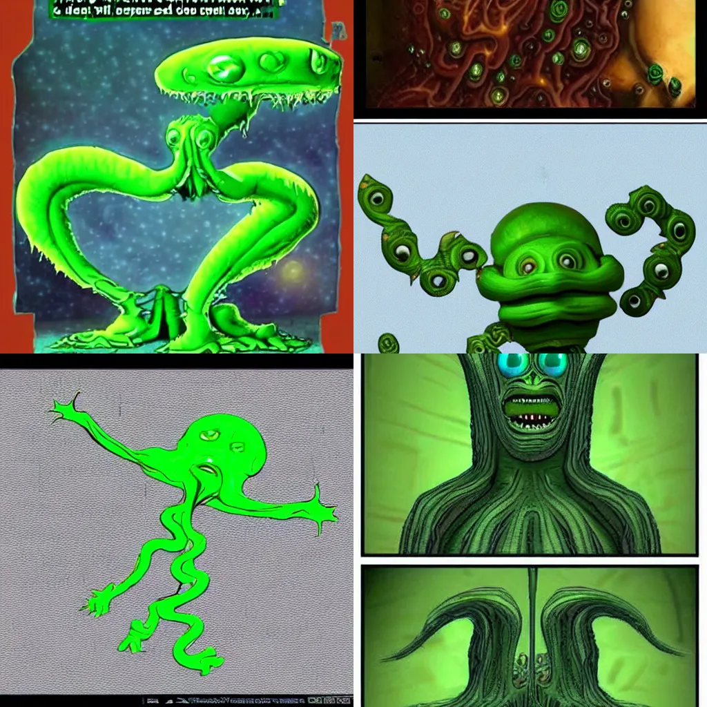 Prompt: a hilarious eldritch cosmic lovecraftian weird green alien 3D meme text iFunny