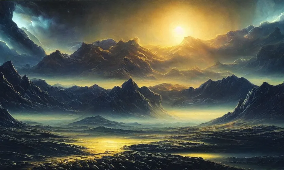 Image similar to the most beautiful landscape, oil painting, alien breathtaking landscape, cinematic lighting, highly detailed, very realistic